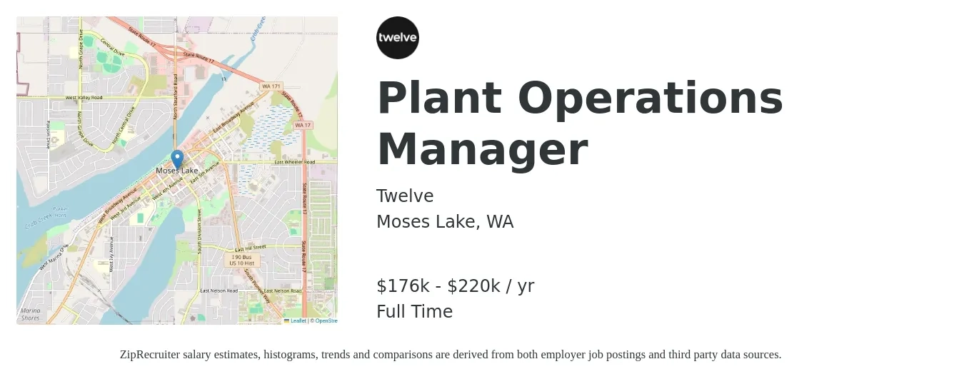 Twelve job posting for a Plant Operations Manager in Moses Lake, WA with a salary of $176,000 to $220,000 Yearly with a map of Moses Lake location.