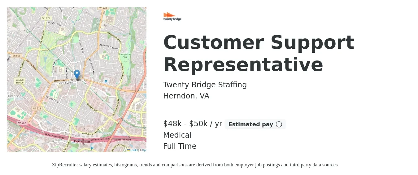 Twenty Bridge Staffing job posting for a Customer Support Representative in Herndon, VA with a salary of $48,000 to $50,000 Yearly and benefits including medical, and retirement with a map of Herndon location.