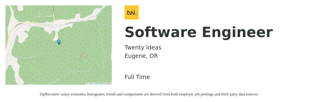 Twenty Ideas job posting for a Software Engineer in Eugene, OR with a salary of $120,500 to $173,800 Yearly with a map of Eugene location.