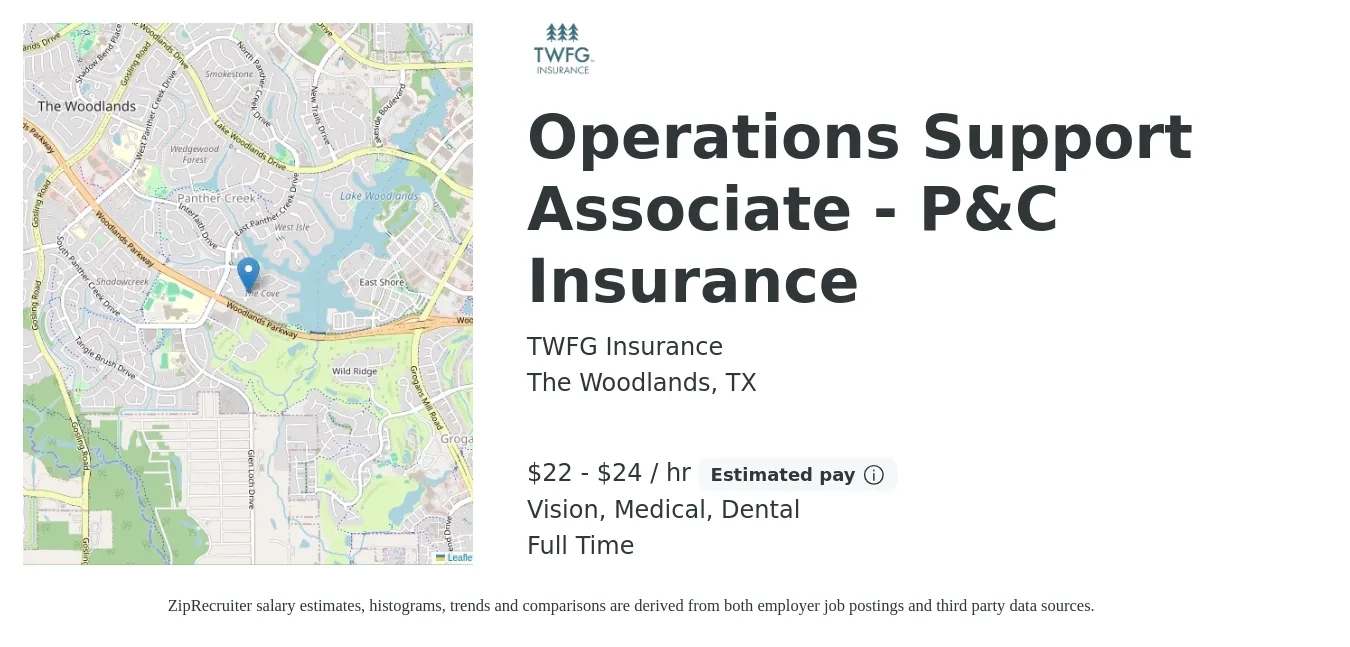 TWFG Insurance job posting for a Operations Support Associate - P&C Insurance in The Woodlands, TX with a salary of $23 to $25 Hourly and benefits including retirement, vision, dental, and medical with a map of The Woodlands location.