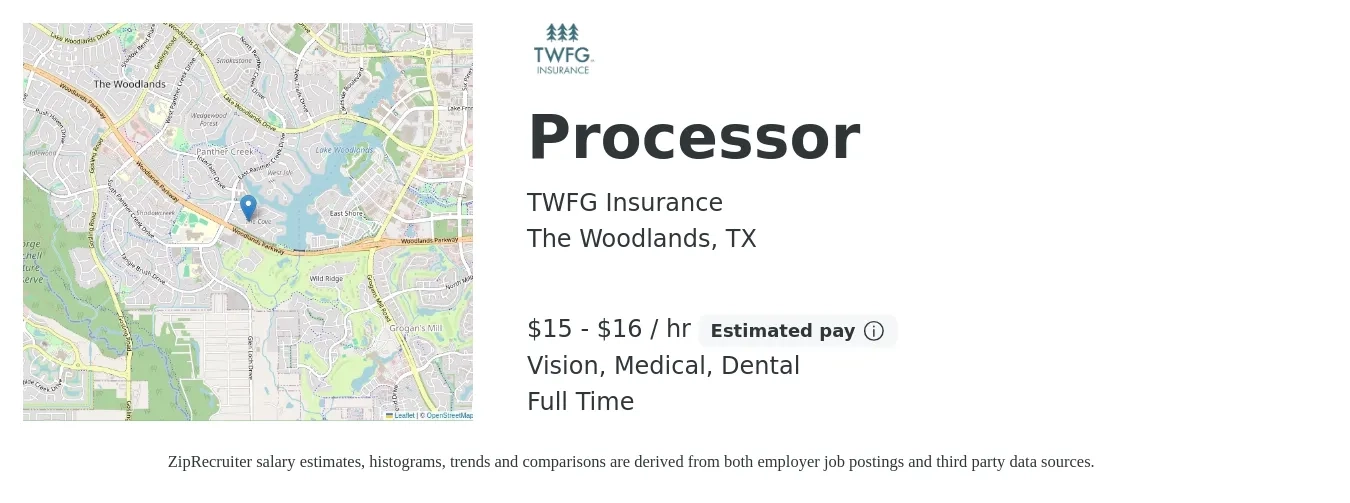 TWFG Insurance job posting for a Processor in The Woodlands, TX with a salary of $16 to $17 Hourly and benefits including dental, medical, retirement, and vision with a map of The Woodlands location.