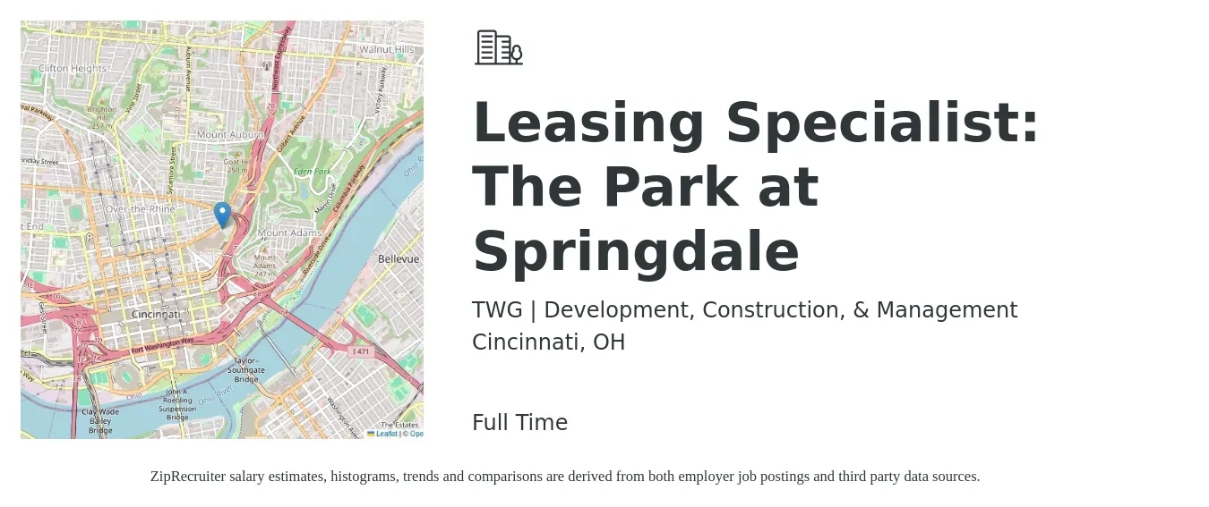 TWG | Development, Construction, & Management job posting for a Leasing Specialist: The Park at Springdale in Cincinnati, OH with a salary of $16 to $21 Hourly with a map of Cincinnati location.