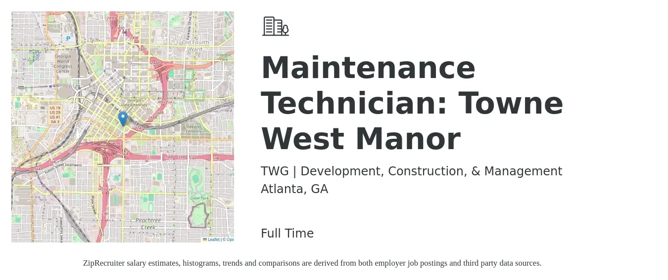TWG | Development, Construction, & Management job posting for a Maintenance Technician: Towne West Manor in Atlanta, GA with a salary of $18 to $26 Hourly with a map of Atlanta location.