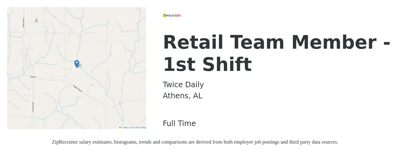Twice Daily job posting for a Retail Team Member - 1st Shift in Athens, AL with a salary of $10 to $14 Hourly with a map of Athens location.