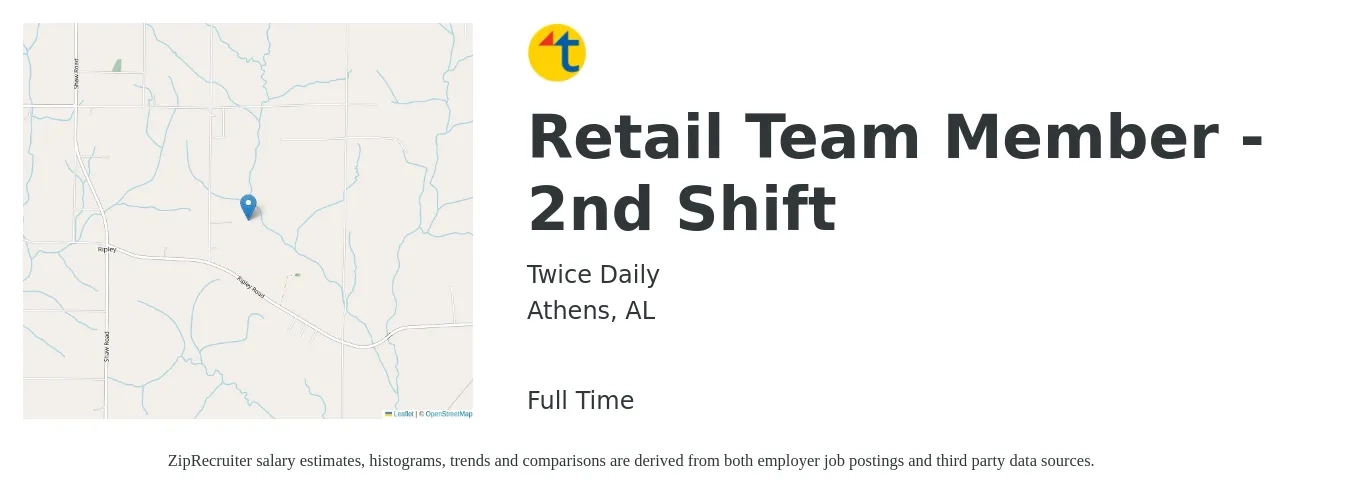 Twice Daily job posting for a Retail Team Member - 2nd Shift in Athens, AL with a salary of $10 to $14 Hourly with a map of Athens location.