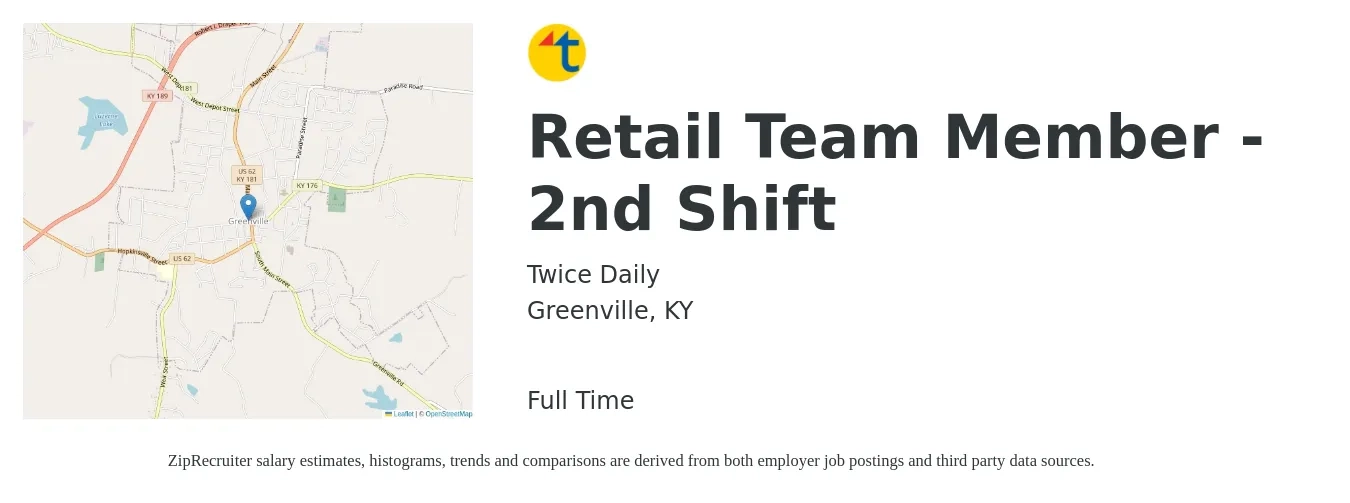 Twice Daily job posting for a Retail Team Member - 2nd Shift in Greenville, KY with a salary of $10 to $15 Hourly with a map of Greenville location.