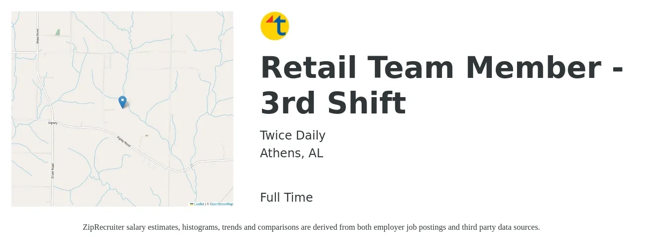 Twice Daily job posting for a Retail Team Member - 3rd Shift in Athens, AL with a salary of $10 to $14 Hourly with a map of Athens location.