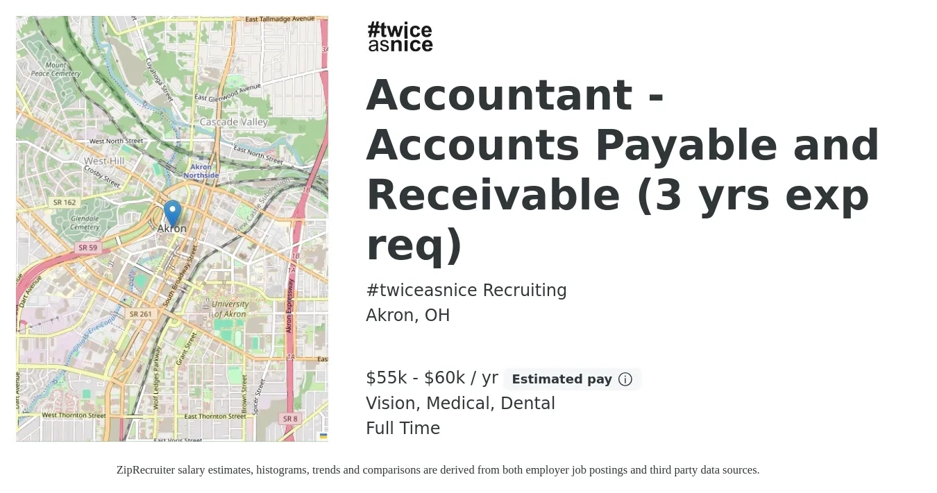 #twiceasnice Recruiting job posting for a Accountant - Accounts Payable and Receivable (3 yrs exp req) in Akron, OH with a salary of $55,000 to $60,000 Yearly and benefits including medical, pto, retirement, vision, dental, and life_insurance with a map of Akron location.