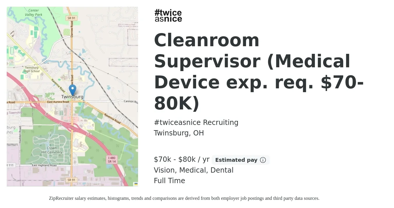 #twiceasnice Recruiting job posting for a Cleanroom Supervisor (Medical Device exp. req. $70-80K) in Twinsburg, OH with a salary of $70,000 to $80,000 Yearly and benefits including dental, life_insurance, medical, pto, and vision with a map of Twinsburg location.