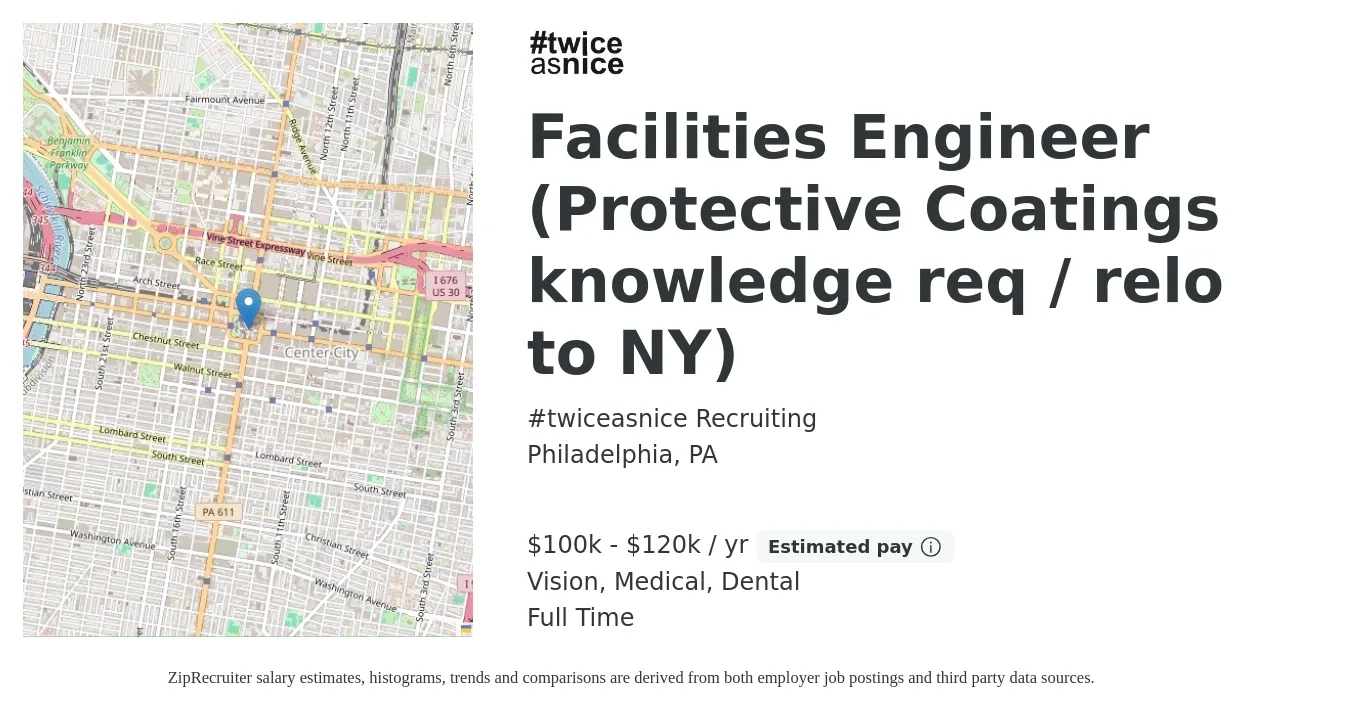 #twiceasnice Recruiting job posting for a Facilities Engineer (Protective Coatings knowledge req / relo to NY) in Philadelphia, PA with a salary of $100,000 to $120,000 Yearly and benefits including medical, pto, vision, and dental with a map of Philadelphia location.