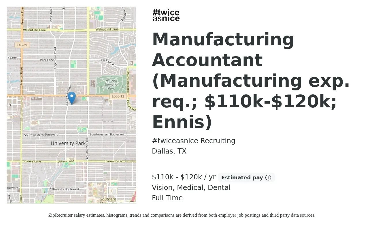#twiceasnice Recruiting job posting for a Manufacturing Accountant (Manufacturing exp. req.; $110k-$120k; Ennis) in Dallas, TX with a salary of $110,000 to $120,000 Yearly and benefits including dental, medical, pto, and vision with a map of Dallas location.