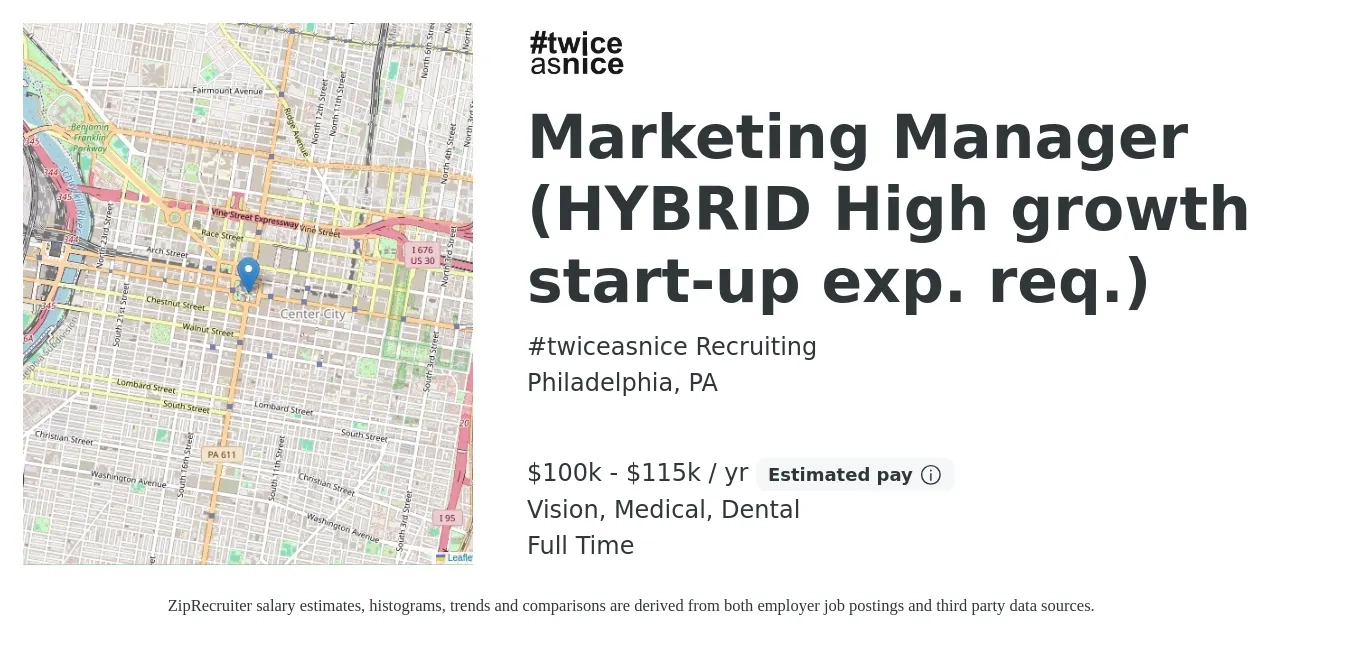 #twiceasnice Recruiting job posting for a Marketing Manager (HYBRID High growth start-up exp. req.) in Philadelphia, PA with a salary of $100,000 to $115,000 Yearly and benefits including dental, medical, pto, and vision with a map of Philadelphia location.