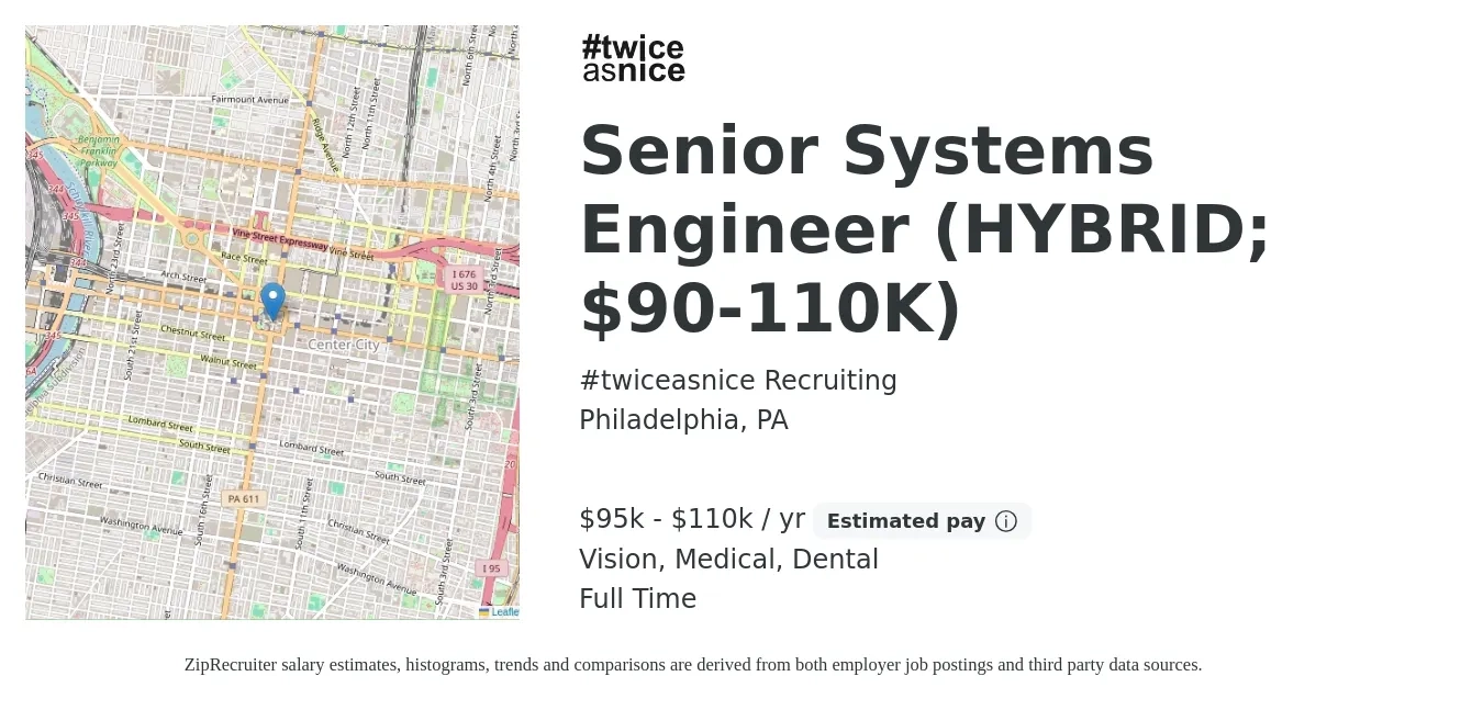 #twiceasnice Recruiting job posting for a Senior Systems Engineer (HYBRID; $90-110K) in Philadelphia, PA with a salary of $95,000 to $110,000 Yearly and benefits including dental, medical, pto, and vision with a map of Philadelphia location.