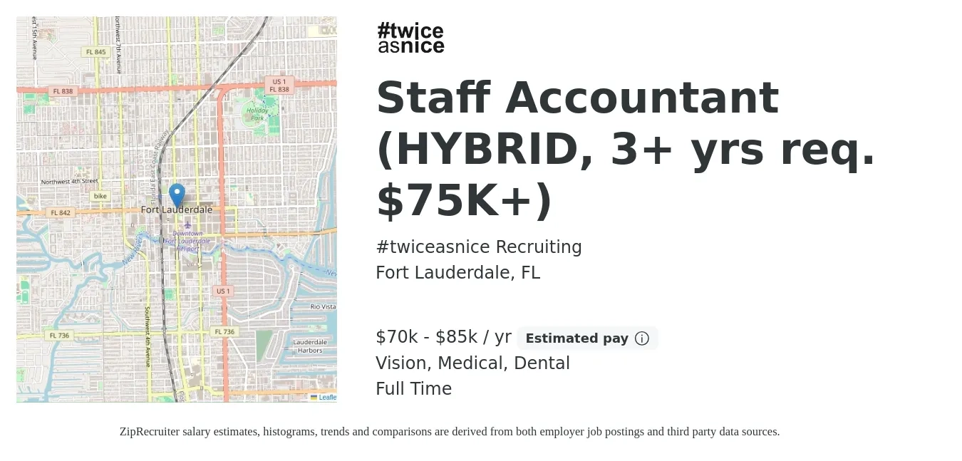 #twiceasnice Recruiting job posting for a Staff Accountant (HYBRID, 3+ yrs req. $75K+) in Fort Lauderdale, FL with a salary of $70,000 to $85,000 Yearly and benefits including dental, life_insurance, medical, pto, and vision with a map of Fort Lauderdale location.