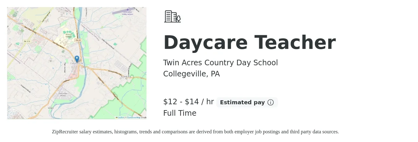 Twin Acres Country Day School job posting for a Daycare Teacher in Collegeville, PA with a salary of $13 to $15 Hourly with a map of Collegeville location.