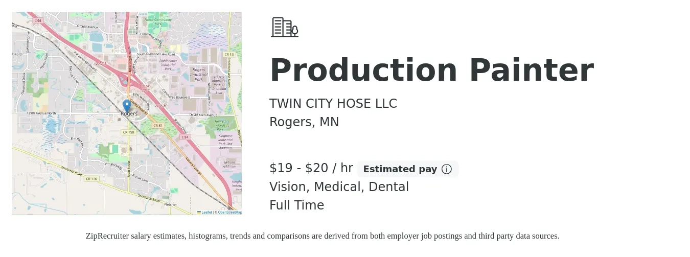 TWIN CITY HOSE LLC job posting for a Production Painter in Rogers, MN with a salary of $20 to $21 Hourly and benefits including dental, life_insurance, medical, pto, retirement, and vision with a map of Rogers location.