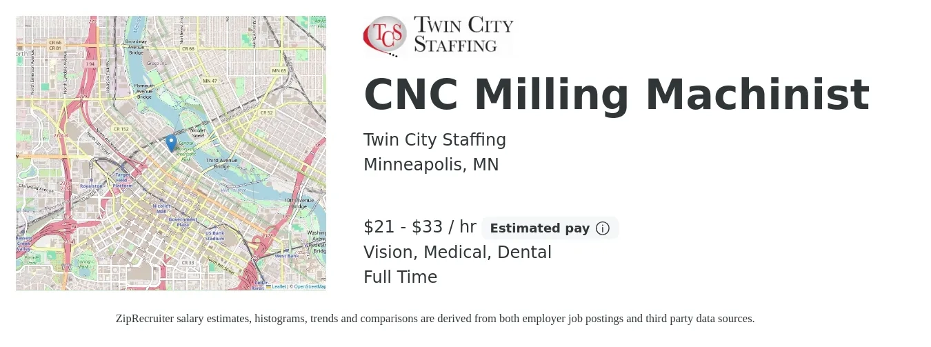Twin City Staffing job posting for a CNC Milling Machinist in Minneapolis, MN with a salary of $22 to $35 Hourly and benefits including dental, life_insurance, medical, and vision with a map of Minneapolis location.