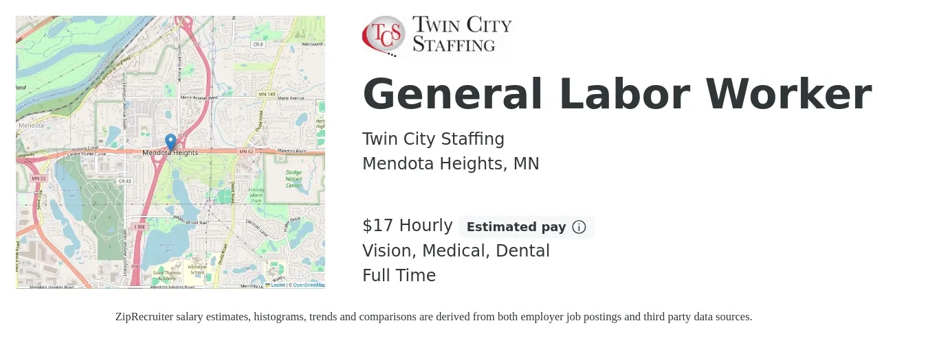 Twin City Staffing job posting for a General Labor Worker in Mendota Heights, MN with a salary of $18 Hourly and benefits including vision, dental, life_insurance, and medical with a map of Mendota Heights location.