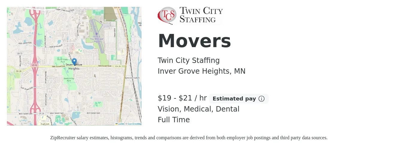 Twin City Staffing job posting for a Movers in Inver Grove Heights, MN with a salary of $20 to $22 Hourly and benefits including dental, life_insurance, medical, and vision with a map of Inver Grove Heights location.