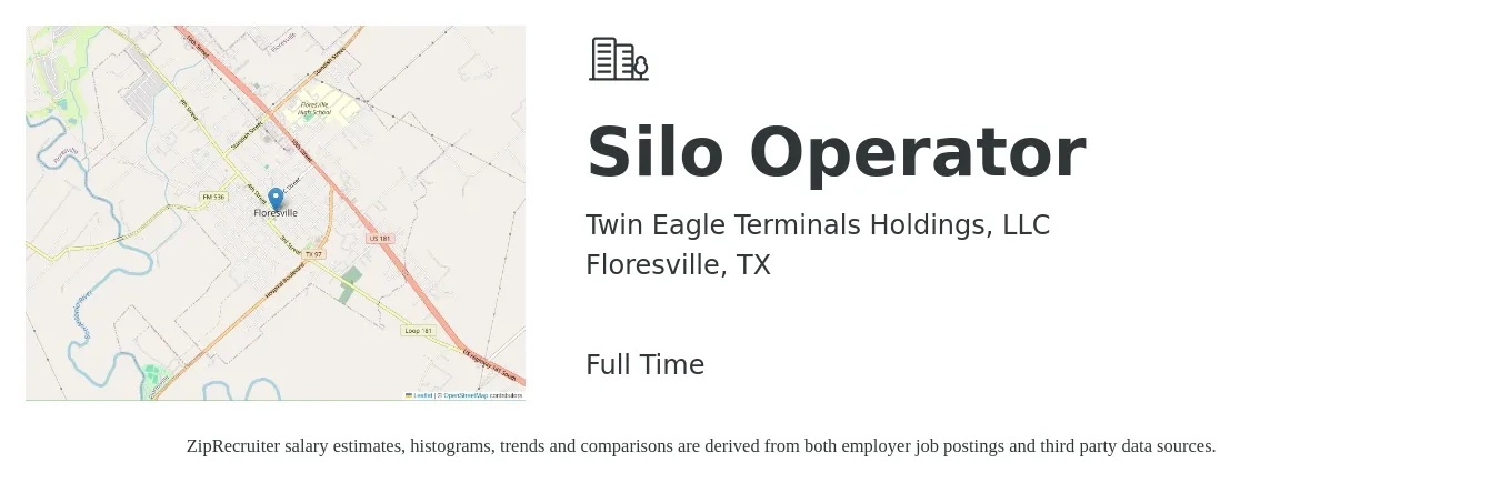 Twin Eagle Terminals Holdings, LLC job posting for a Silo Operator in Floresville, TX with a salary of $16 to $18 Hourly with a map of Floresville location.