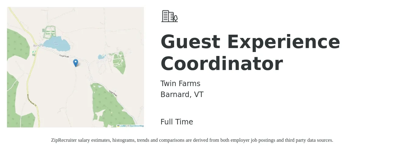 Twin Farms job posting for a Guest Experience Coordinator in Barnard, VT with a salary of $17 to $22 Hourly with a map of Barnard location.