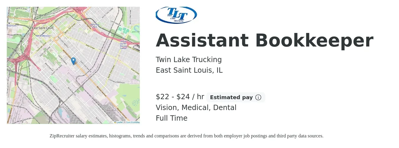 Twin Lake Trucking job posting for a Assistant Bookkeeper in East Saint Louis, IL with a salary of $23 to $25 Hourly and benefits including pto, retirement, vision, dental, life_insurance, and medical with a map of East Saint Louis location.