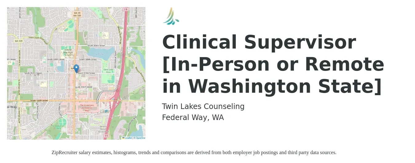 Twin Lakes Counseling job posting for a Clinical Supervisor [In-Person or Remote in Washington State] in Federal Way, WA with a salary of $50 Hourly with a map of Federal Way location.