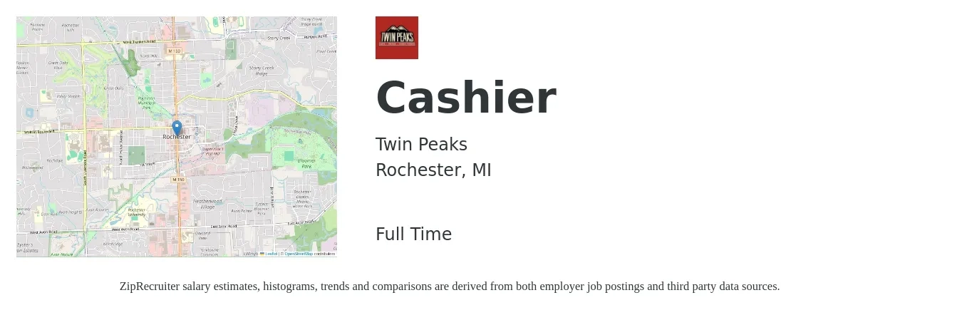 Twin Peaks job posting for a Cashier in Rochester, MI with a salary of $11 to $15 Hourly with a map of Rochester location.