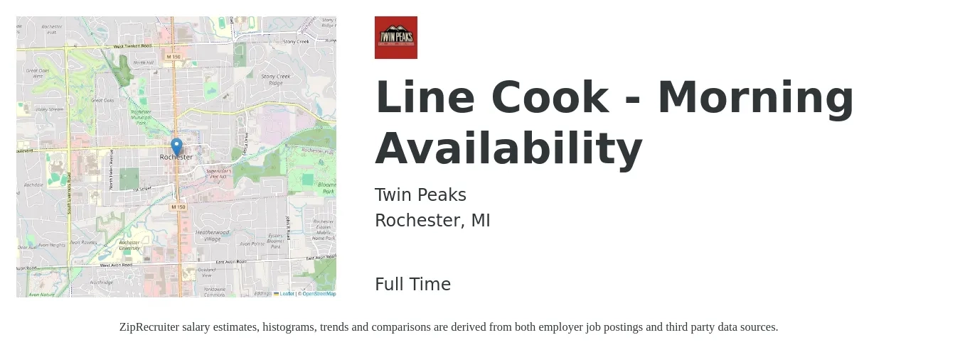 Twin Peaks job posting for a Line Cook - Morning Availability in Rochester, MI with a salary of $14 to $18 Hourly with a map of Rochester location.