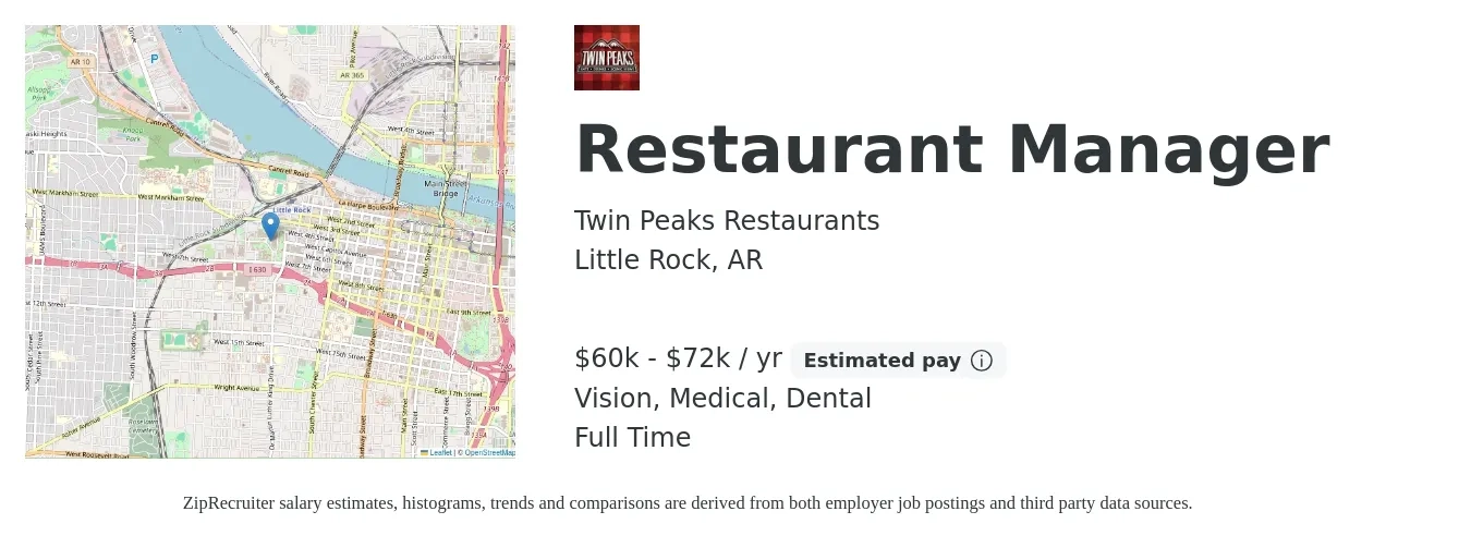Twin Peaks Restaurants job posting for a Restaurant Manager in Little Rock, AR with a salary of $60,000 to $72,000 Yearly and benefits including dental, life_insurance, medical, retirement, and vision with a map of Little Rock location.