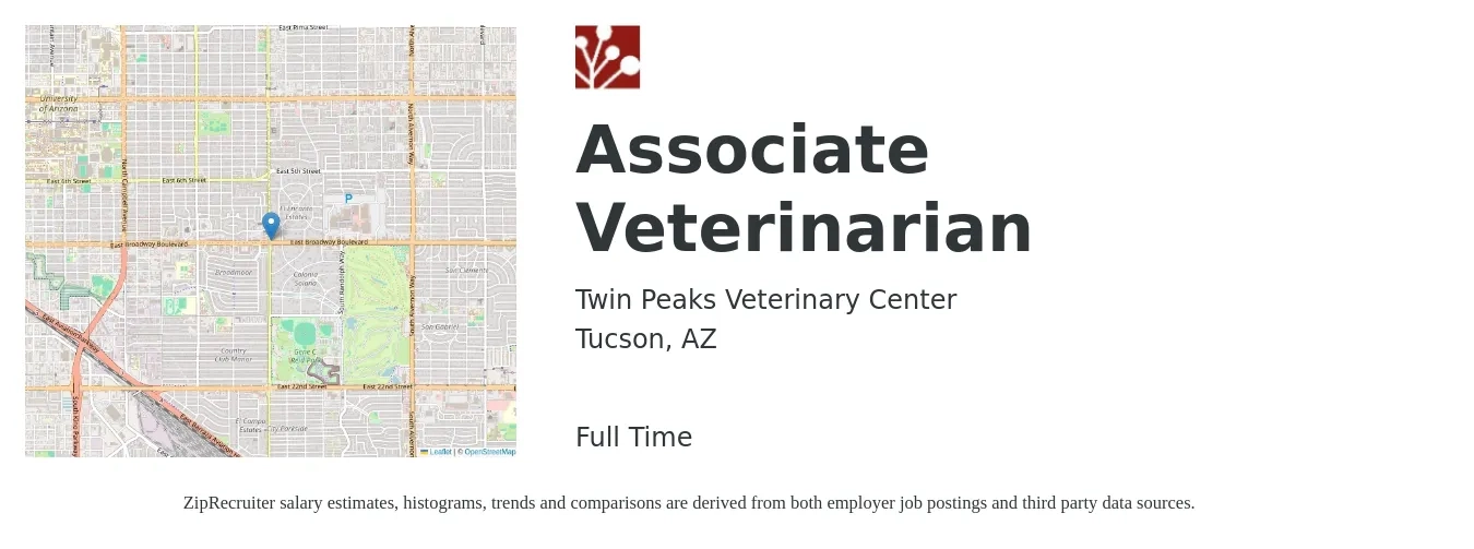 Twin Peaks Veterinary Center job posting for a Associate Veterinarian in Tucson, AZ with a salary of $96,900 to $156,500 Yearly with a map of Tucson location.