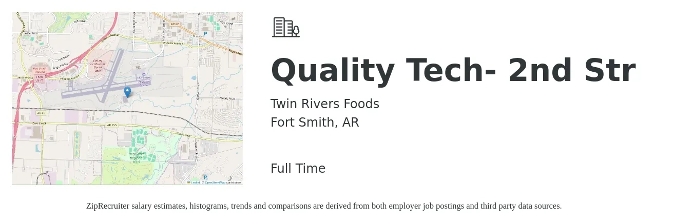 Twin Rivers Foods job posting for a Quality Tech- 2nd Str in Fort Smith, AR with a salary of $18 to $24 Hourly with a map of Fort Smith location.
