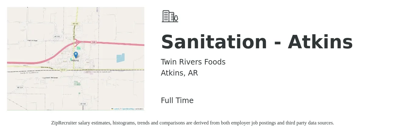 Twin Rivers Foods job posting for a Sanitation - Atkins in Atkins, AR with a salary of $13 to $16 Hourly with a map of Atkins location.