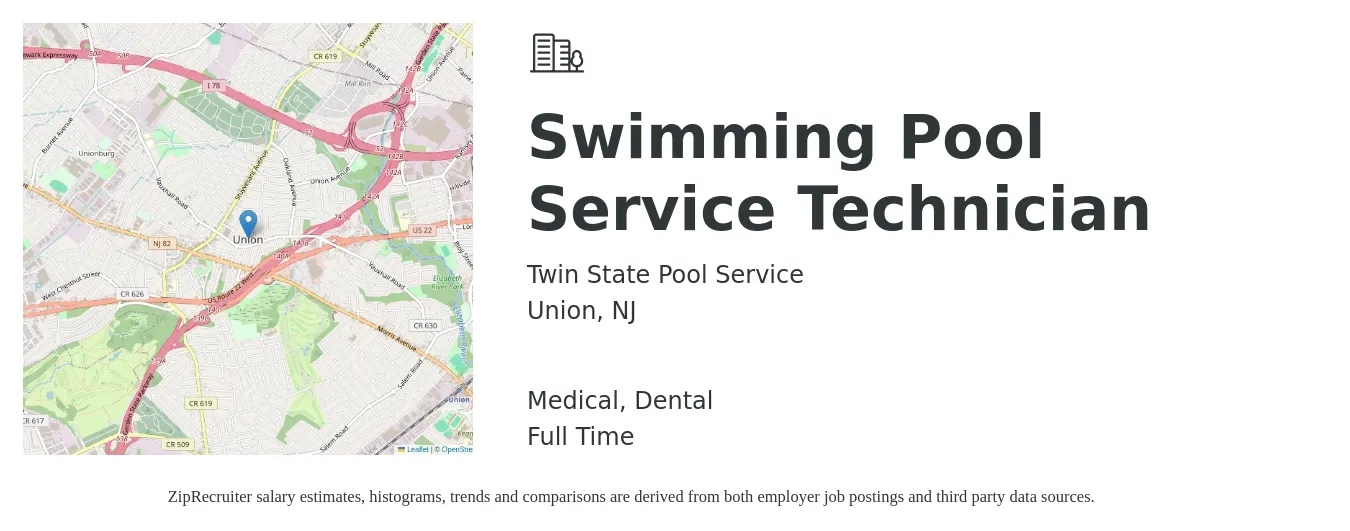 Twin State Pool Service job posting for a Swimming Pool Service Technician in Union, NJ with a salary of $1,000 to $2,000 Weekly and benefits including retirement, dental, and medical with a map of Union location.