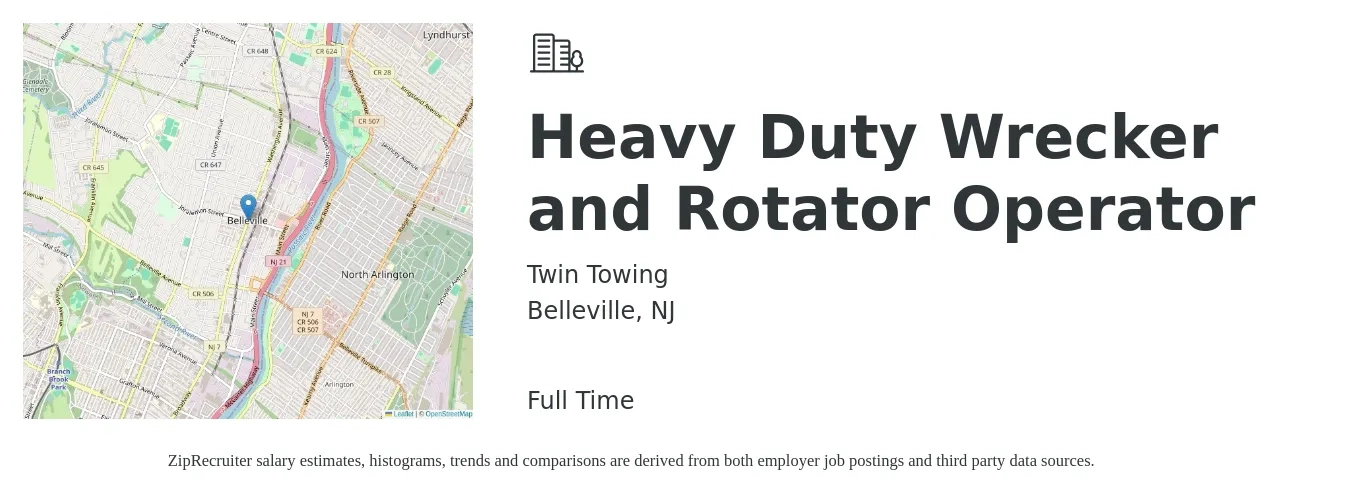 Twin Towing job posting for a Heavy Duty Wrecker and Rotator Operator in Belleville, NJ with a salary of $1,500 to $2,000 Weekly with a map of Belleville location.