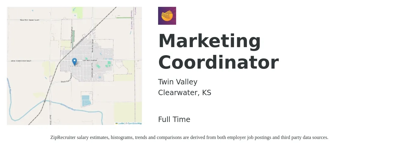 Twin Valley job posting for a Marketing Coordinator in Clearwater, KS with a salary of $42,100 to $57,900 Yearly with a map of Clearwater location.
