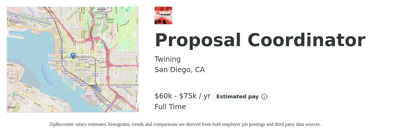 Twining job posting for a Proposal Coordinator in San Diego, CA with a salary of $60,000 to $75,000 Yearly with a map of San Diego location.