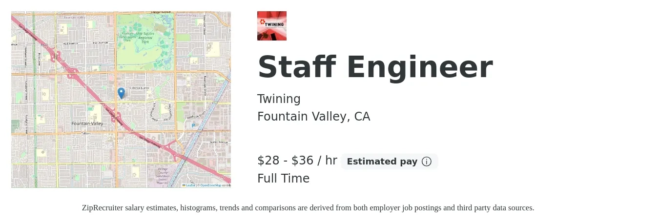 Twining job posting for a Staff Engineer in Fountain Valley, CA with a salary of $30 to $38 Hourly with a map of Fountain Valley location.