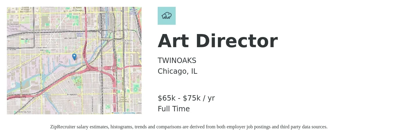 TWINOAKS job posting for a Art Director in Chicago, IL with a salary of $65,000 to $75,000 Yearly with a map of Chicago location.