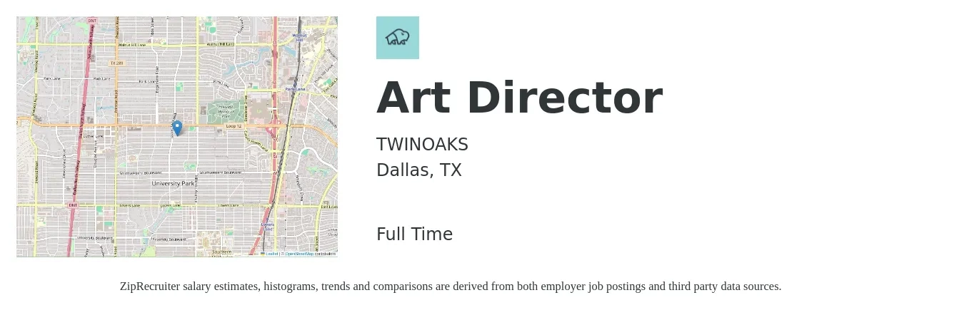 TWINOAKS job posting for a Art Director in Dallas, TX with a salary of $65,000 to $75,000 Yearly with a map of Dallas location.