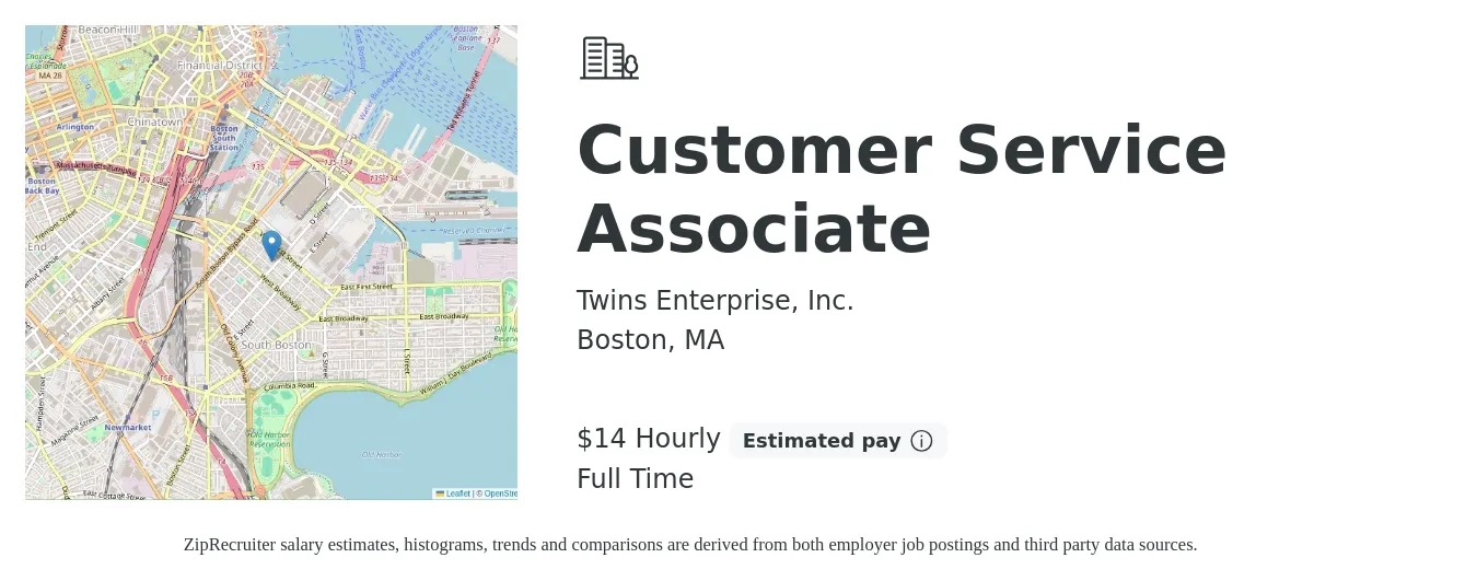 Twins Enterprise, Inc. job posting for a Customer Service Associate in Boston, MA with a salary of $15 Hourly with a map of Boston location.