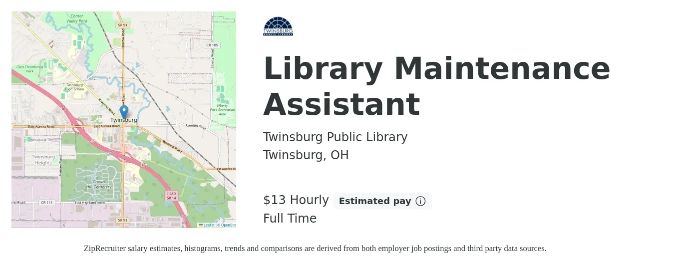Twinsburg Public Library job posting for a Library Maintenance Assistant in Twinsburg, OH with a salary of $14 to $15 Hourly with a map of Twinsburg location.