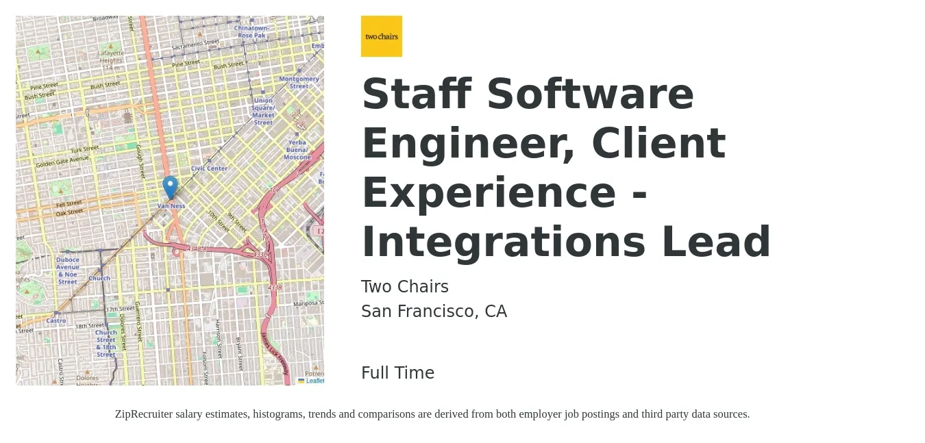 Two Chairs job posting for a Staff Software Engineer, Client Experience - Integrations Lead in San Francisco, CA with a salary of $158,500 to $224,400 Yearly with a map of San Francisco location.