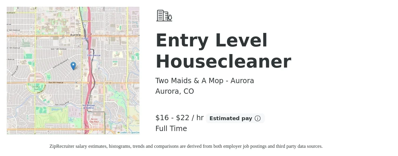 Two Maids & A Mop - Aurora job posting for a Entry Level Housecleaner in Aurora, CO with a salary of $17 to $23 Hourly with a map of Aurora location.