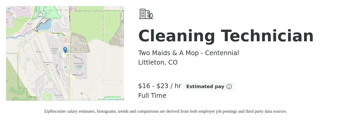 Two Maids & A Mop - Centennial job posting for a Cleaning Technician in Littleton, CO with a salary of $17 to $24 Hourly with a map of Littleton location.