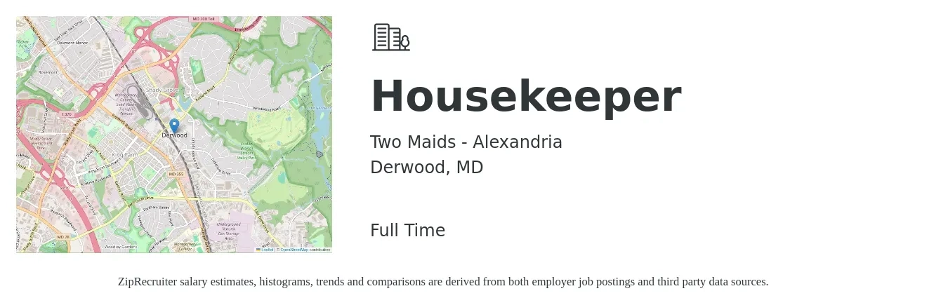 Two Maids - Alexandria job posting for a Housekeeper in Derwood, MD with a salary of $15 to $18 Hourly with a map of Derwood location.