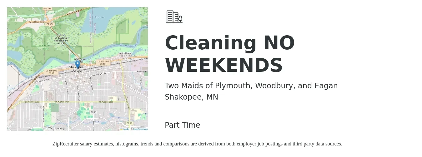 Two Maids of Plymouth, Woodbury, and Eagan job posting for a Cleaning NO WEEKENDS in Shakopee, MN with a salary of $120 to $180 Daily with a map of Shakopee location.