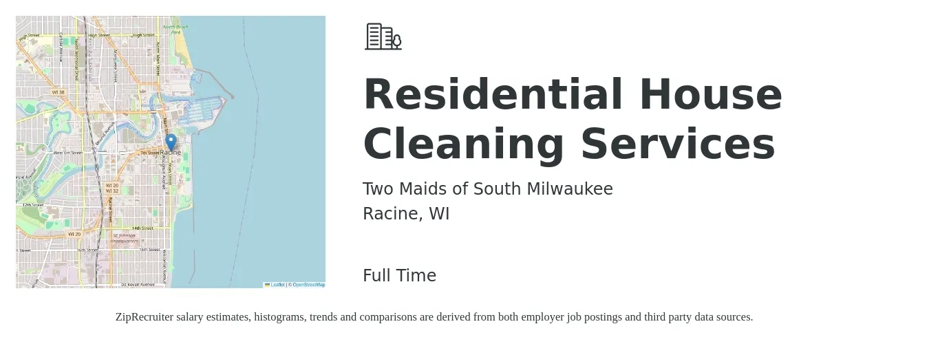 Two Maids of South Milwaukee job posting for a Residential House Cleaning Services in Racine, WI with a salary of $400 to $700 Weekly with a map of Racine location.