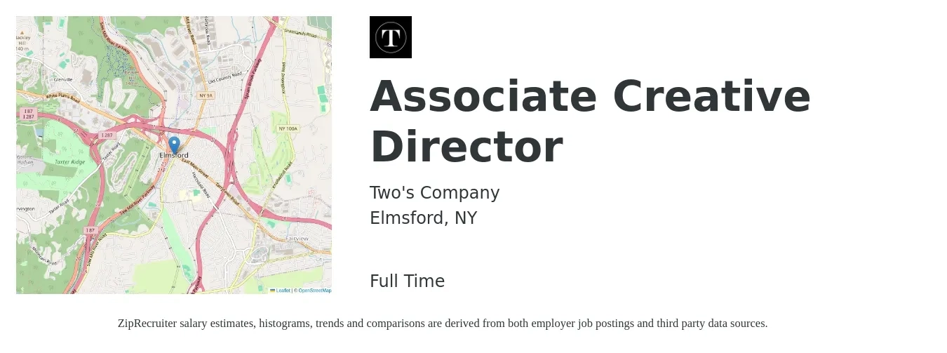 Two's Company job posting for a Associate Creative Director in Elmsford, NY with a salary of $78,600 to $162,500 Yearly with a map of Elmsford location.