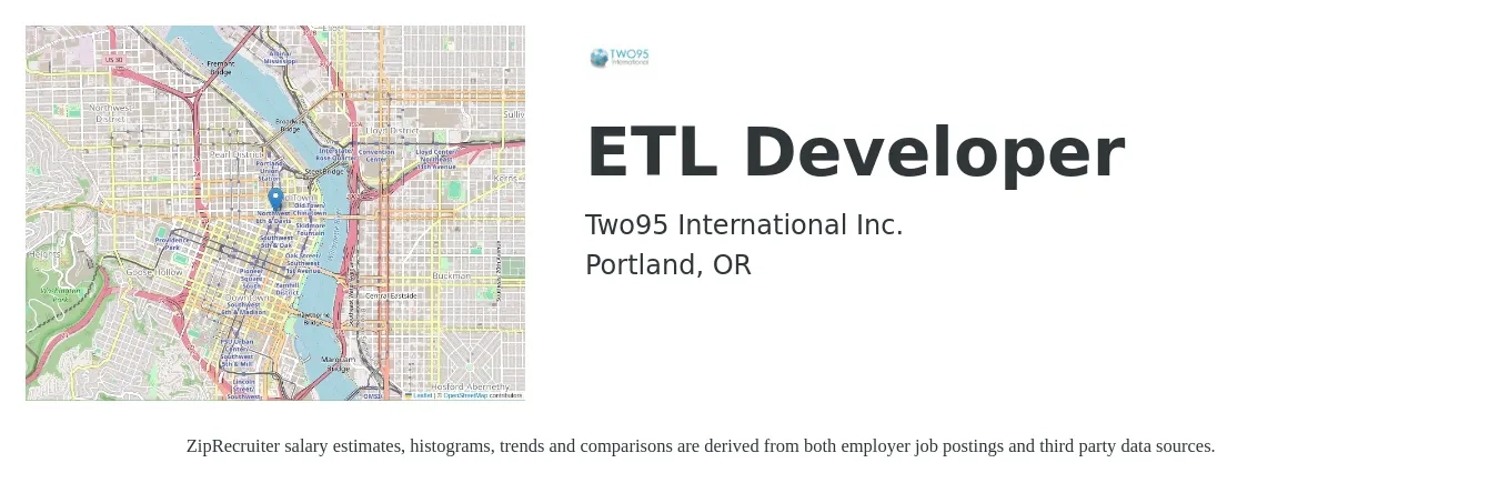Two95 International Inc. job posting for a ETL Developer in Portland, OR with a salary of $54 to $71 Hourly with a map of Portland location.